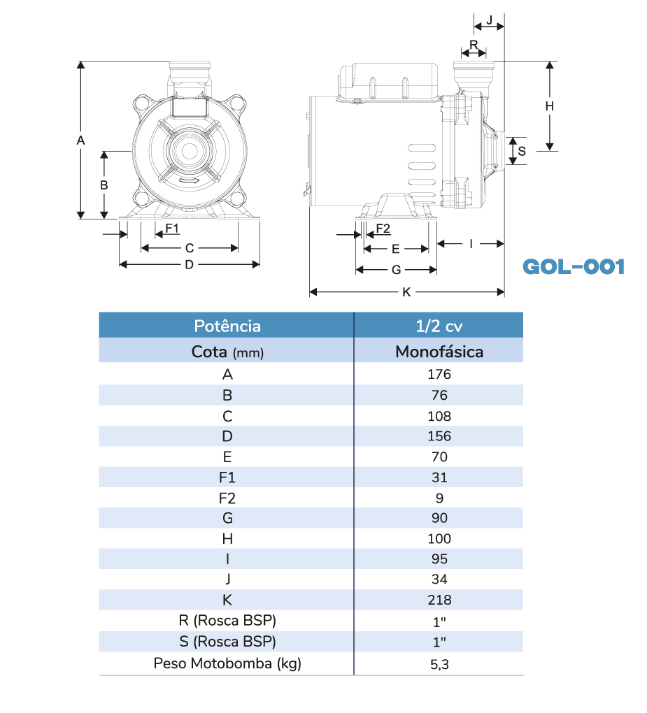 Desenho técnico e tabela de medidas GOL-001